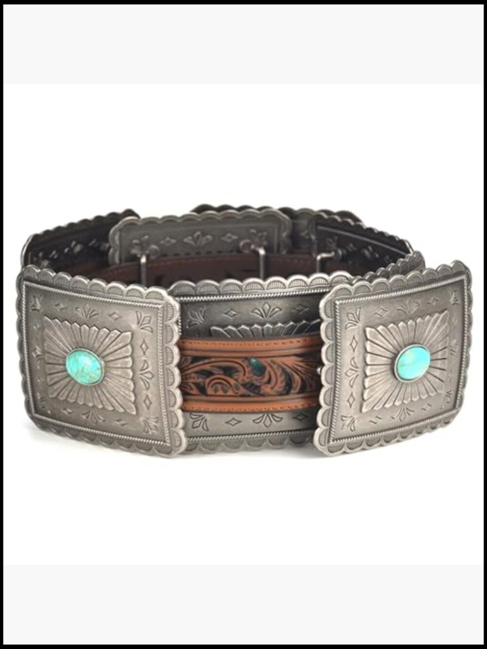 Turquoise Concho Western Belt Tooled Embroidery Wide Girth - Picture 2 of 7